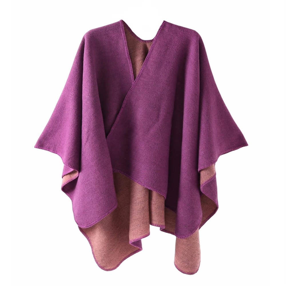 GIBZ Womens Poncho Capes and Wraps Warm Shawl Wrap Reversible Design in Solid Colour and Simplicity Cardigan Purple 160x135cm