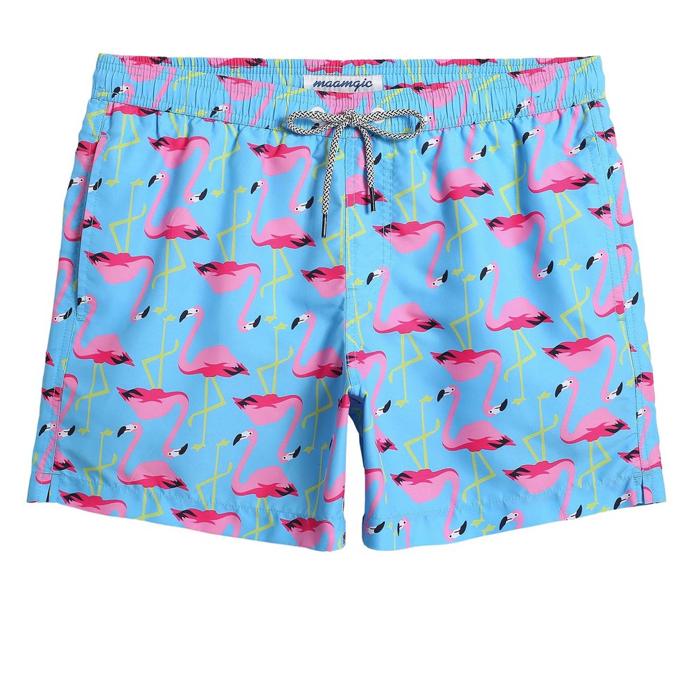 maamgic Mens Swim Trunks 5 Inch with Mesh Lining, Quick Dry Mens Bathing Suit, Swim Shorts for Swimming and Beach, Small Blue Flamingos