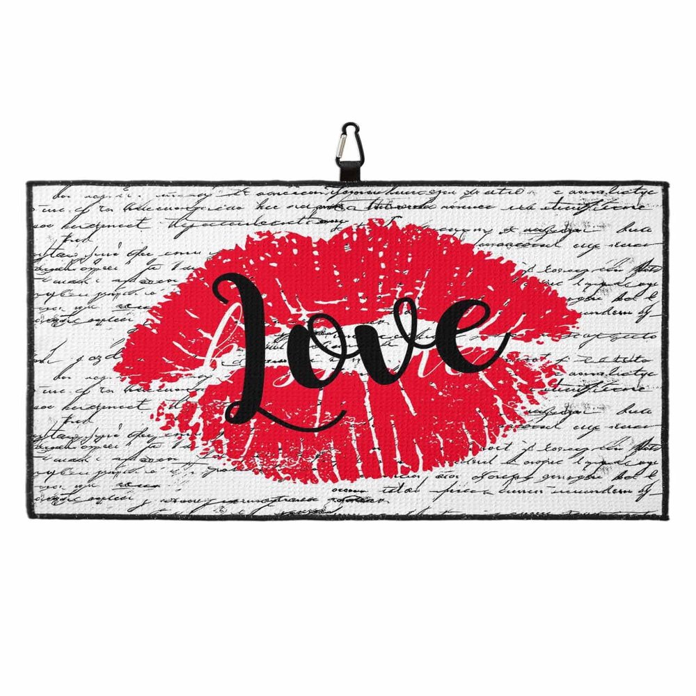 SEVENBABU Golf Towels for Golf Bags with Clip - Funny Microfiber Waffle Pattern Golf Towel Hand Drawn Red Love Lip Print Text Background Golf Accessories for Men and Women Gifts 24x16 Inch