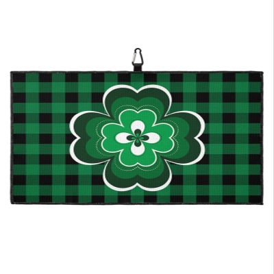 Golf Towels for Golf Bags with Clip - Funny Microfiber Waffle Pattern Golf Towel St. Patrick's Day Green Shamrock Clover Leaf on Green Black Grid Golf Accessories for Men and Women Gifts 24x16 Inch