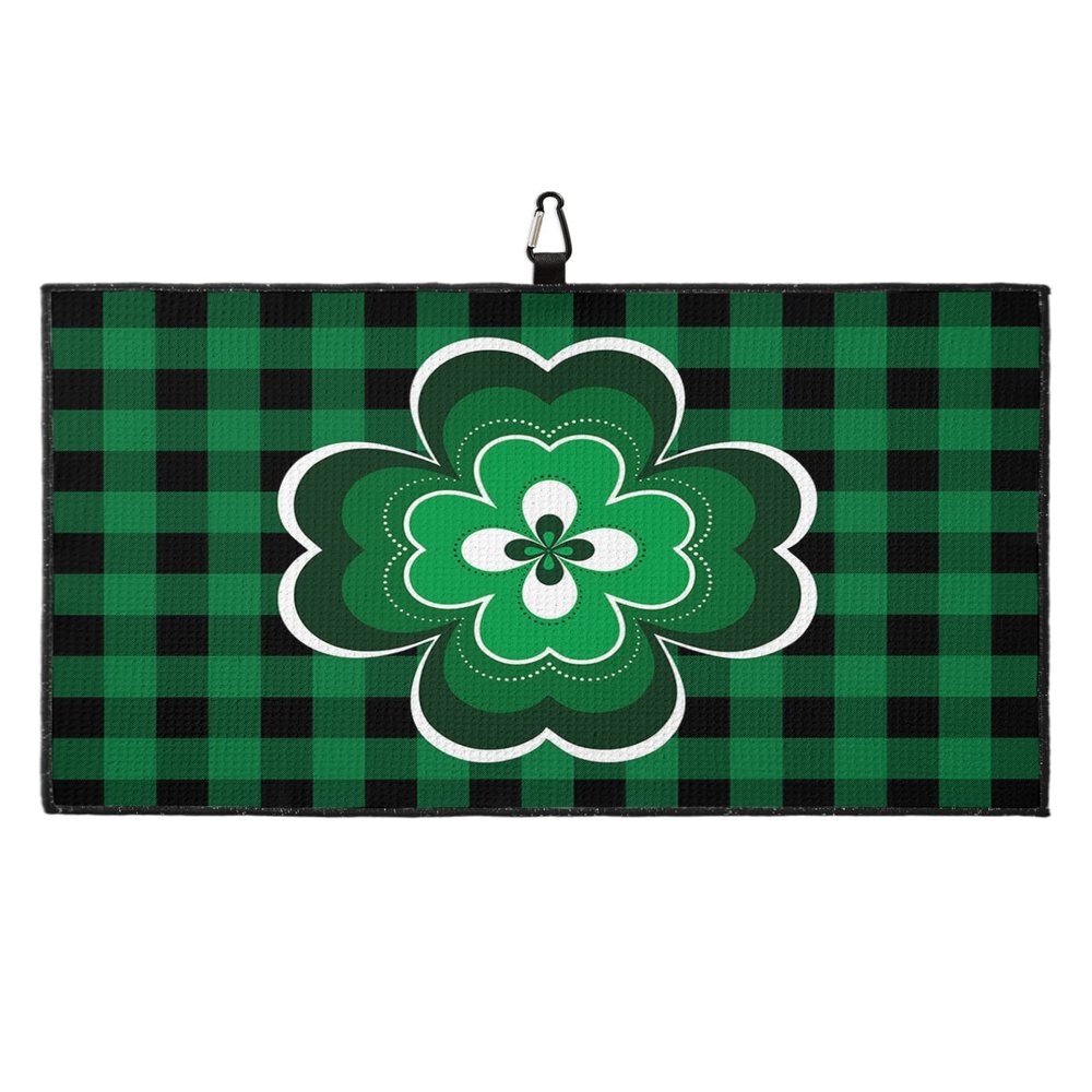 Golf Towels for Golf Bags with Clip - Funny Microfiber Waffle Pattern Golf Towel St. Patrick's Day Green Shamrock Clover Leaf on Green Black Grid Golf Accessories for Men and Women Gifts 24x16 Inch