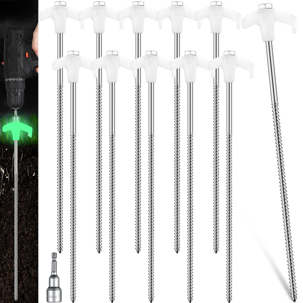 Hicarer 20 Pcs 12 Inch Tent Stakes Screw in Camping Stakes Heavy Duty Metal Spikes Ground Anchor Peg Threaded Tent Spikes with Hex Head Driver for Camping Garden Inflatable (Luminous White)