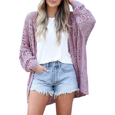 ERTUPE Womens 2023 Fall Kimonos Boho Crochet Cardigan Sweater Solid Hollow Out Oversized Lightweight Open Front Outwear Purple