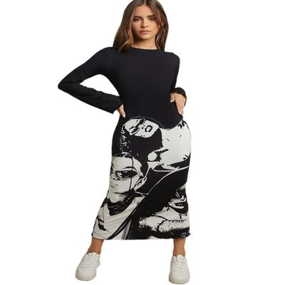 Women's Dresses Figure Graphic Lettuce Trim Tie Backless Bodycon Dress Dress for Women (Color : Black and White, Size : X-Small)