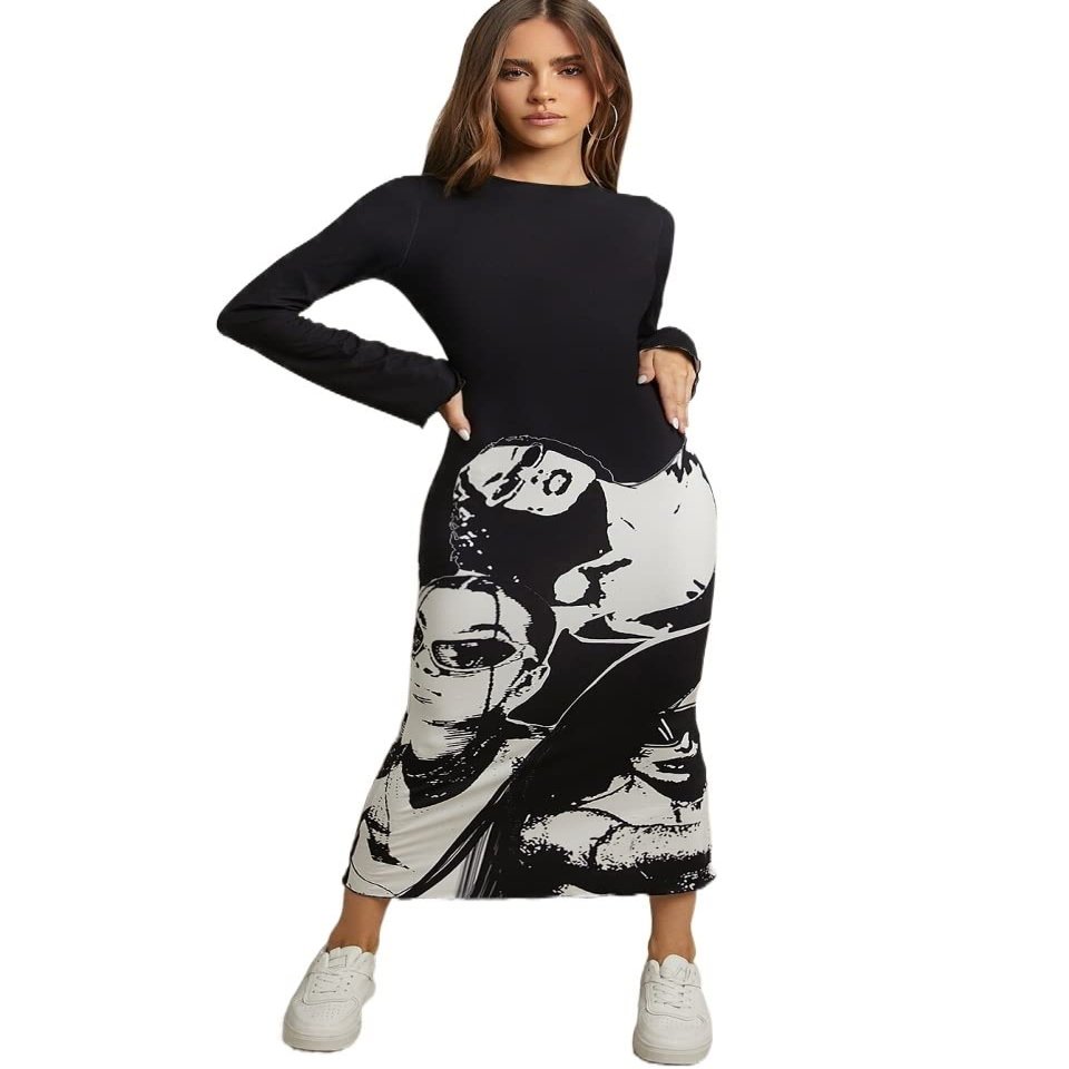Women's Dresses Figure Graphic Lettuce Trim Tie Backless Bodycon Dress Dress for Women (Color : Black and White, Size : X-Small)