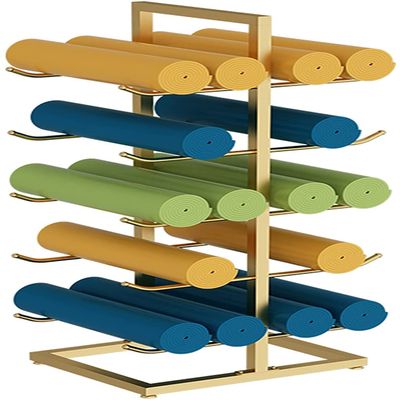 JYDQM Gym Storage Rack, Metal Floor Yoga Mat Organizer Holder for Pilates Mats/Foam Rollers, 5 Tier Rolling Support Stand with Wheels, Hold 20 Mats (Color : Gold)