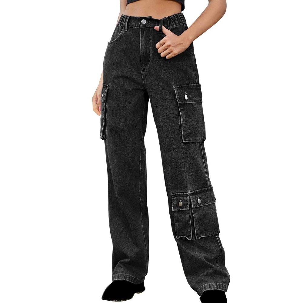 Women Cargo Pants Parachute Straight Wide Leg Baggy Pants High Waist Fashion Y2K Teen Girls Elastic Jeans Trousers Dark Gray