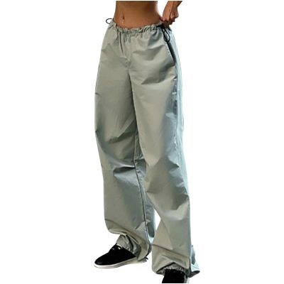 Women Wide Leg Cargo Pants Parachute Baggy Pants Trendy Y2K Teen Girls Relaxed Fit Drawstring Low Waist Casual Pants Green