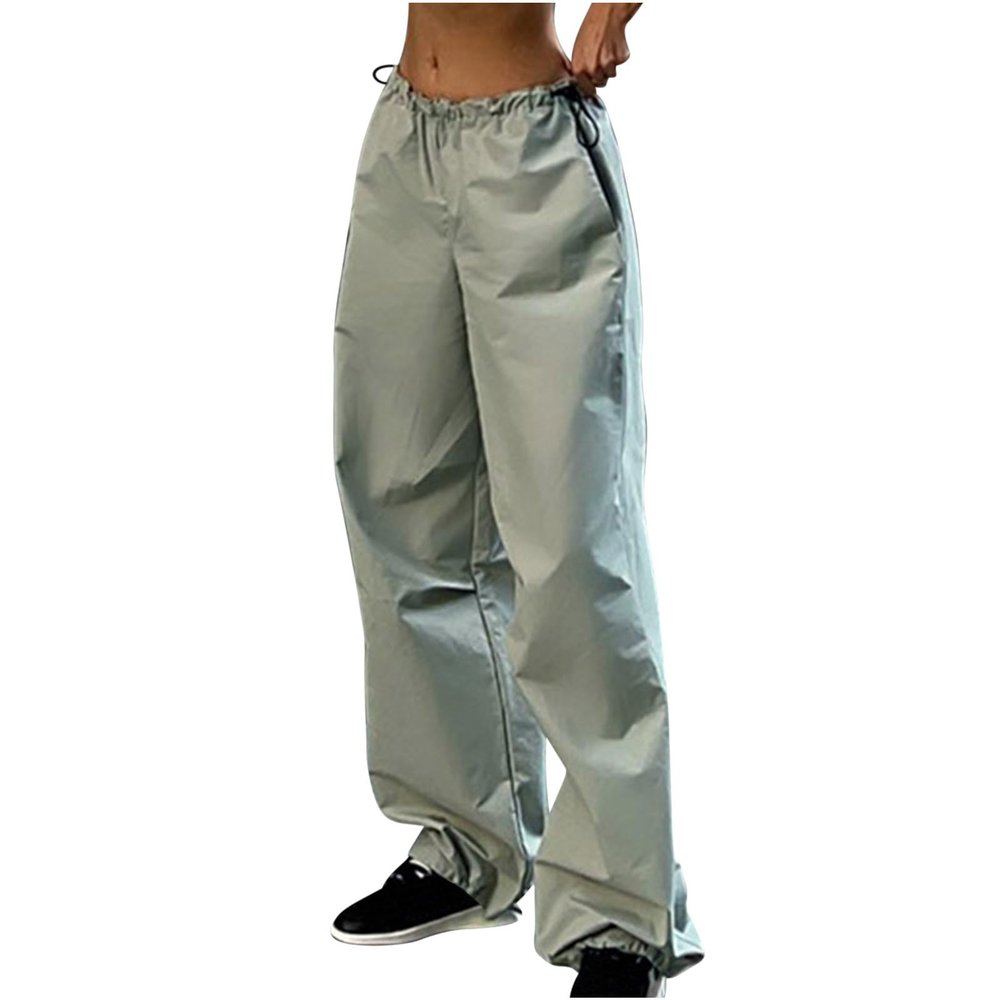 Women Wide Leg Cargo Pants Parachute Baggy Pants Trendy Y2K Teen Girls Relaxed Fit Drawstring Low Waist Casual Pants Green
