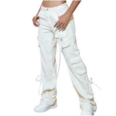 Cargo Pants Women Parachute Straight Wide Leg Baggy Pants High Waist Baggy Stretchy Trendy Y2k Teen Girls Trousers White