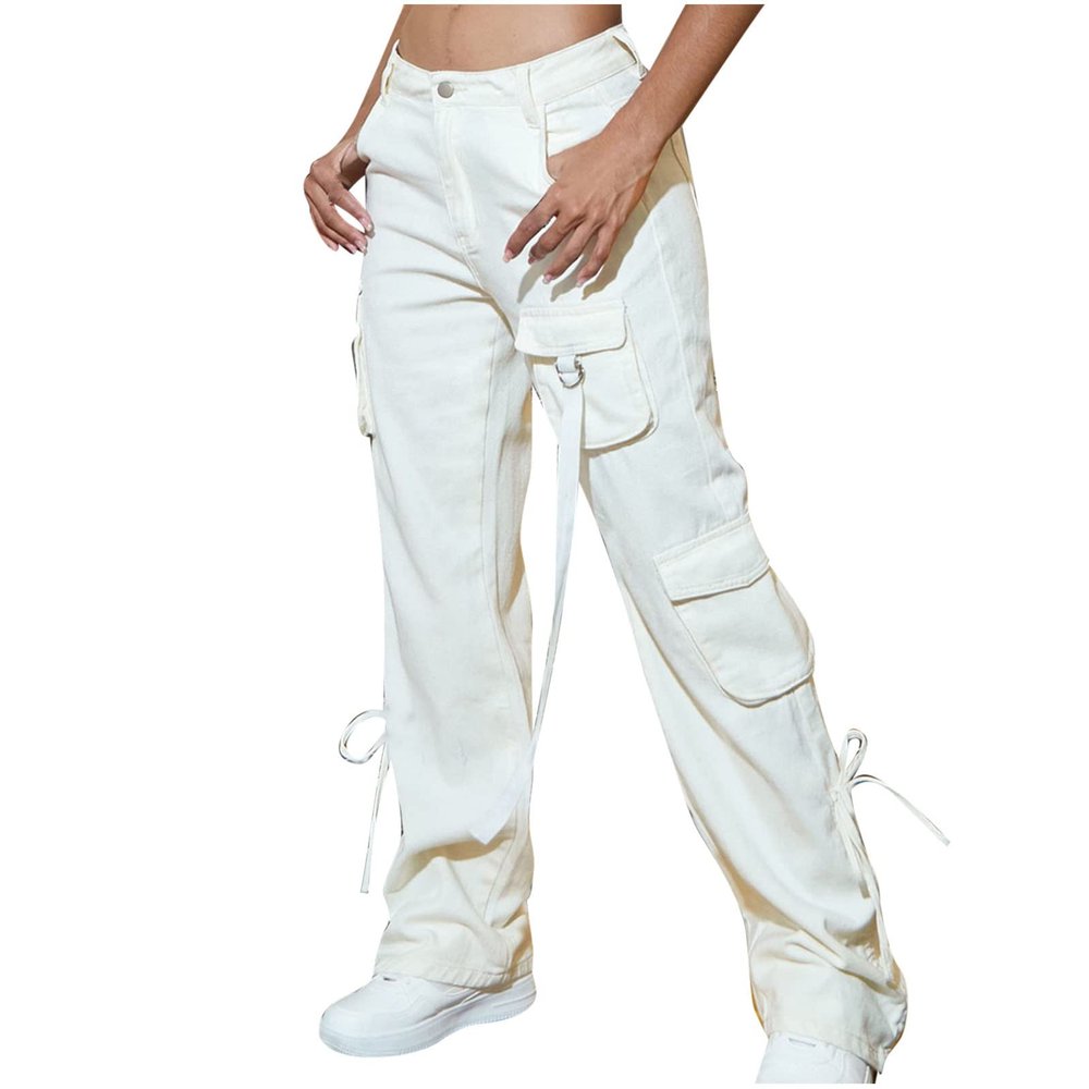 Cargo Pants Women Parachute Straight Wide Leg Baggy Pants High Waist Baggy Stretchy Trendy Y2k Teen Girls Trousers White
