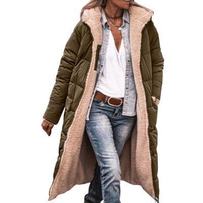 Canbebig Women 2023 Warm Winter Coats Reversible Sherpa Fleece Puffer Jackets Hooded Outerwear Thicken Warm Fashion Overcoat Army Green