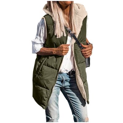 Canbebig Women 2023 Fall Reversible Vests Sleeveless Fuzzy Fleece Jacket Zip Up Warm Hoodie Long Quilted Winter Coat Outerwear Army Green