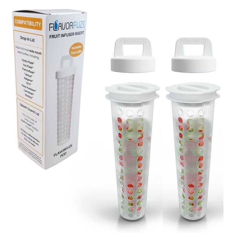 FlavorFuze Pod (2 Pack) - Fruit Infuser Insert with Two Lids, Compatible with Wide Mouth Hydro Flask, Iron Flask, Takeya, ThermoFlask and Similar Bottles (White Lids)