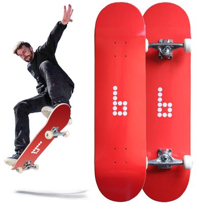 Braille Complete Skateboard for Adults Teens Boys Girls Kids Skateboard: Standard Skateboard for Tricks 7.75 Inch x 31.5 Long Pro Skate Board Full Grip Tape, 7 ply Canadian Maple Metal Trucks, Red