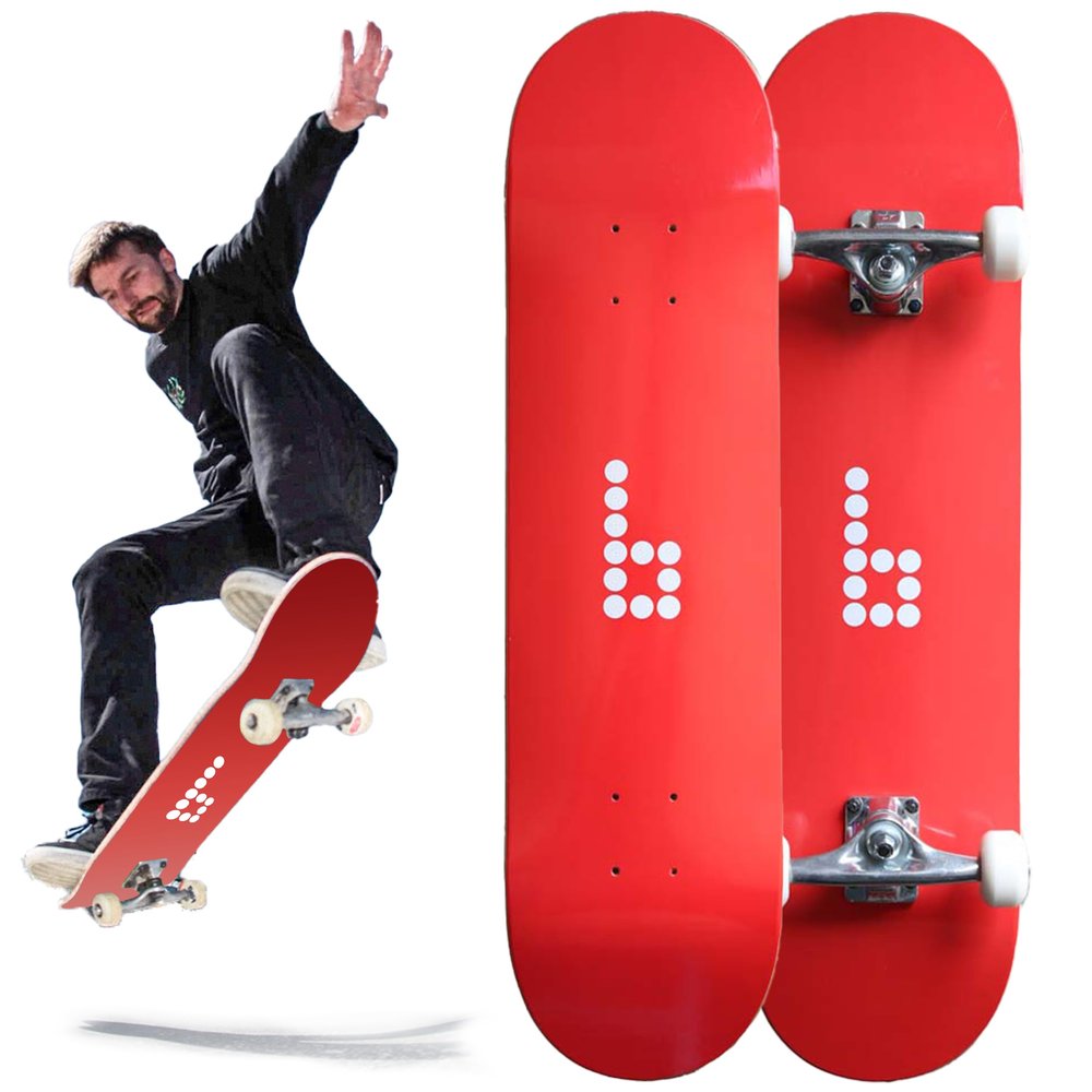 Braille Complete Skateboard for Adults Teens Boys Girls Kids Skateboard: Standard Skateboard for Tricks 7.75 Inch x 31.5 Long Pro Skate Board Full Grip Tape, 7 ply Canadian Maple Metal Trucks, Red