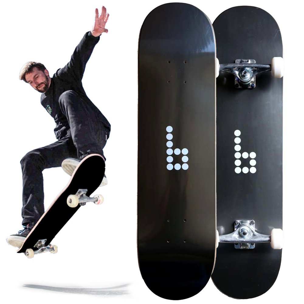 Braille Complete Skateboard for Adults Teens Boys & Girls Kids Skateboard: Standard Skateboard for Tricks 8 Inch x 31.5 Long Pro Skate Board, Full Grip Tape, 7 ply Canadian Maple Metal Trucks, Black