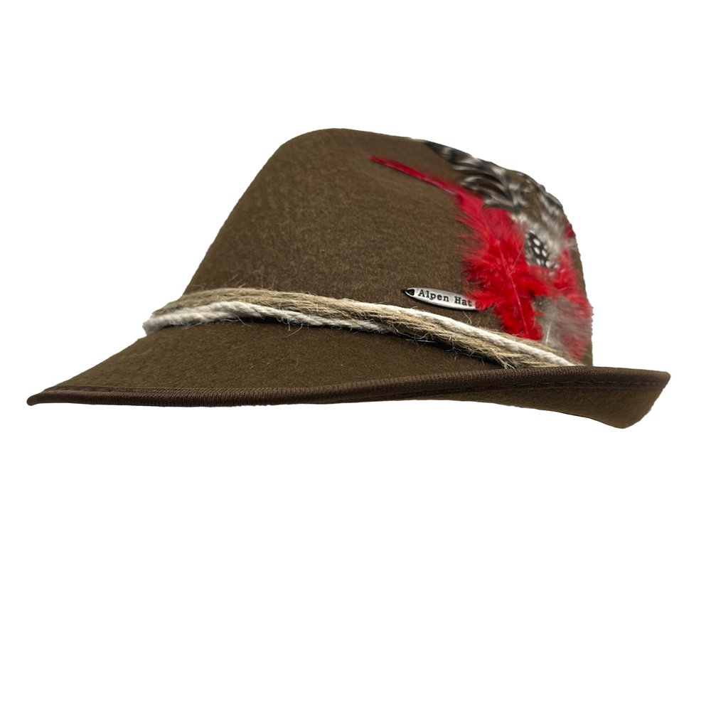 German Hat | Felt Men & Womens Oktoberfest Hat - Party Fedora with Feather & Rope | Medium Brown