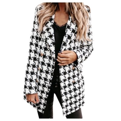 ZYXTIM Fashion Flannel Jackets for Women Classic Fit Metal Double Breasted Wool Blend Plaid Peacoat Notch Lapel Overcoat