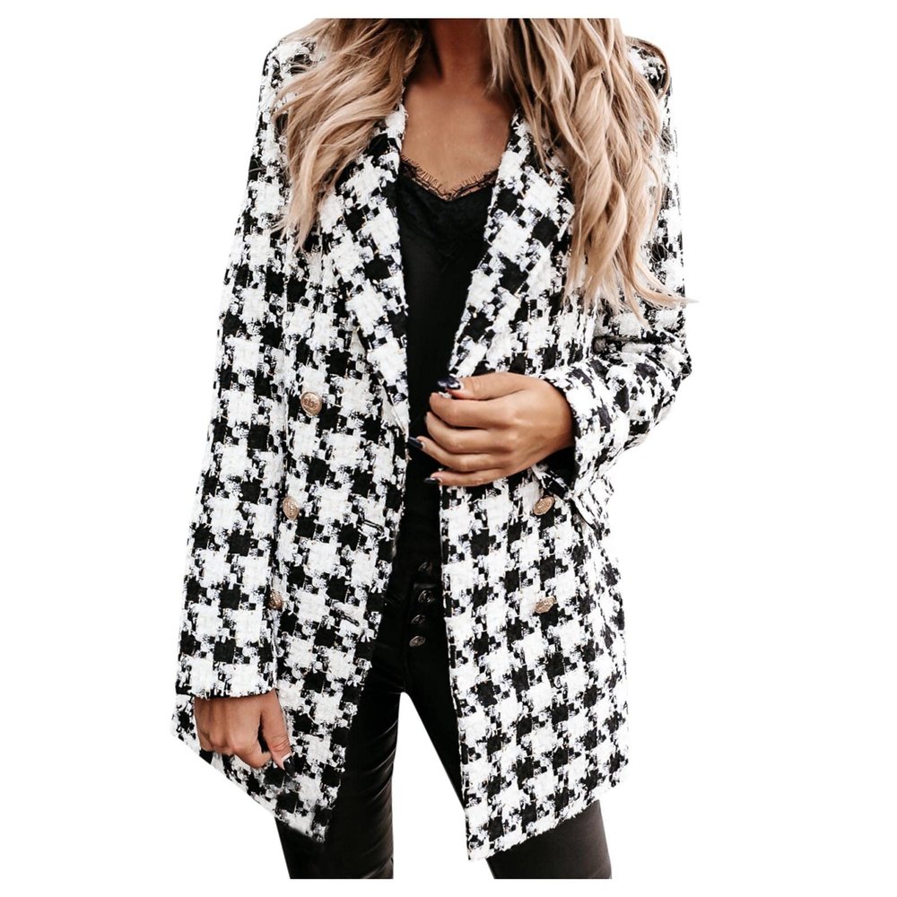 ZYXTIM Fashion Flannel Jackets for Women Classic Fit Metal Double Breasted Wool Blend Plaid Peacoat Notch Lapel Overcoat