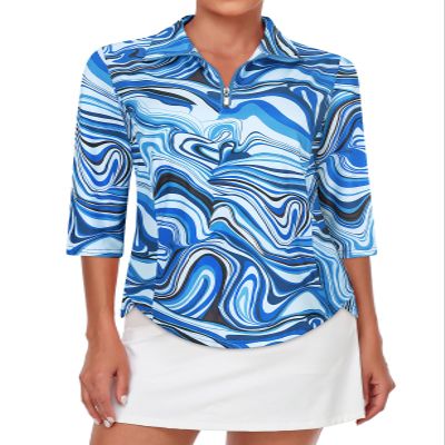 Tanst Sky Women's 3/4 Sleeve Polo Shirts, Golf Top for Woman Quarter Zip Collared Curvy Hem UPF 50 Workout Tennis Yoga Running Ladies Quick Dry Fitted Comfy Athletic Clothes Blue Medium