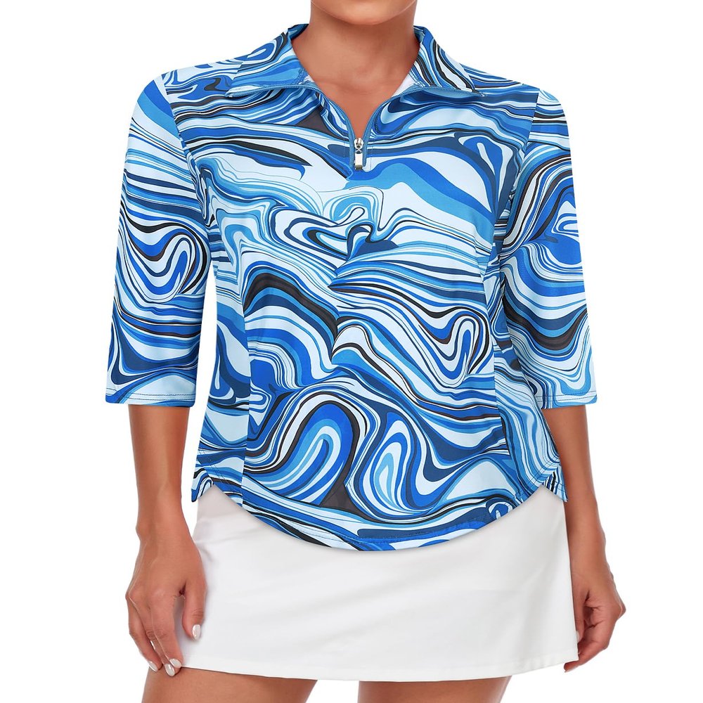 Tanst Sky Women's 3/4 Sleeve Polo Shirts, Golf Top for Woman Quarter Zip Collared Curvy Hem UPF 50 Workout Tennis Yoga Running Ladies Quick Dry Fitted Comfy Athletic Clothes Blue Medium