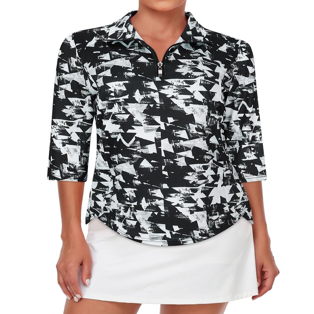 Tanst Sky UPF 50 3/4 Sleeve Tops for Women, Women's Golf Polo Shirts Quarter Zip Collared Activewear Ladies Tennis Yoga Workout Running Quick Dry Trendy Athletic Active Wear Black X-Large