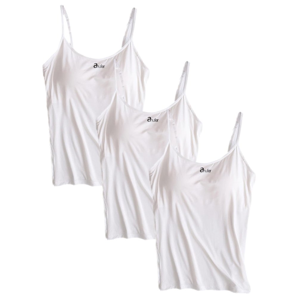 ANUFER Womens 3 Pieces Basic Camisole Adjustable Strap Vest Tank Tops with Built-in Shelf Bra Stretch Undershirts White + White + White 4XL