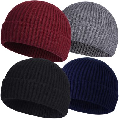 4pcs Wool Fisherman Beanies for Men, Knit Short Watch Cap Winter Warm Hats