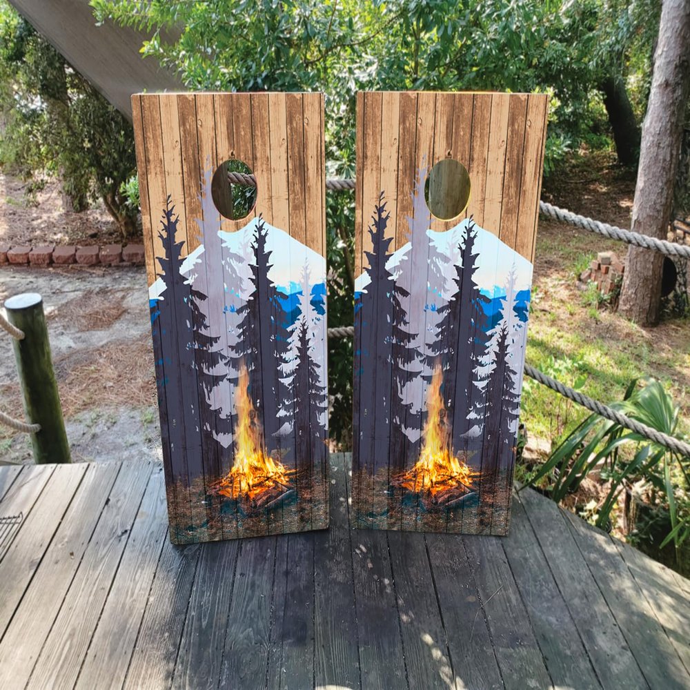 Pair of Waterproof Cornhole Board Wraps - Camping in The Mountains - Laminated - Easy to Apply