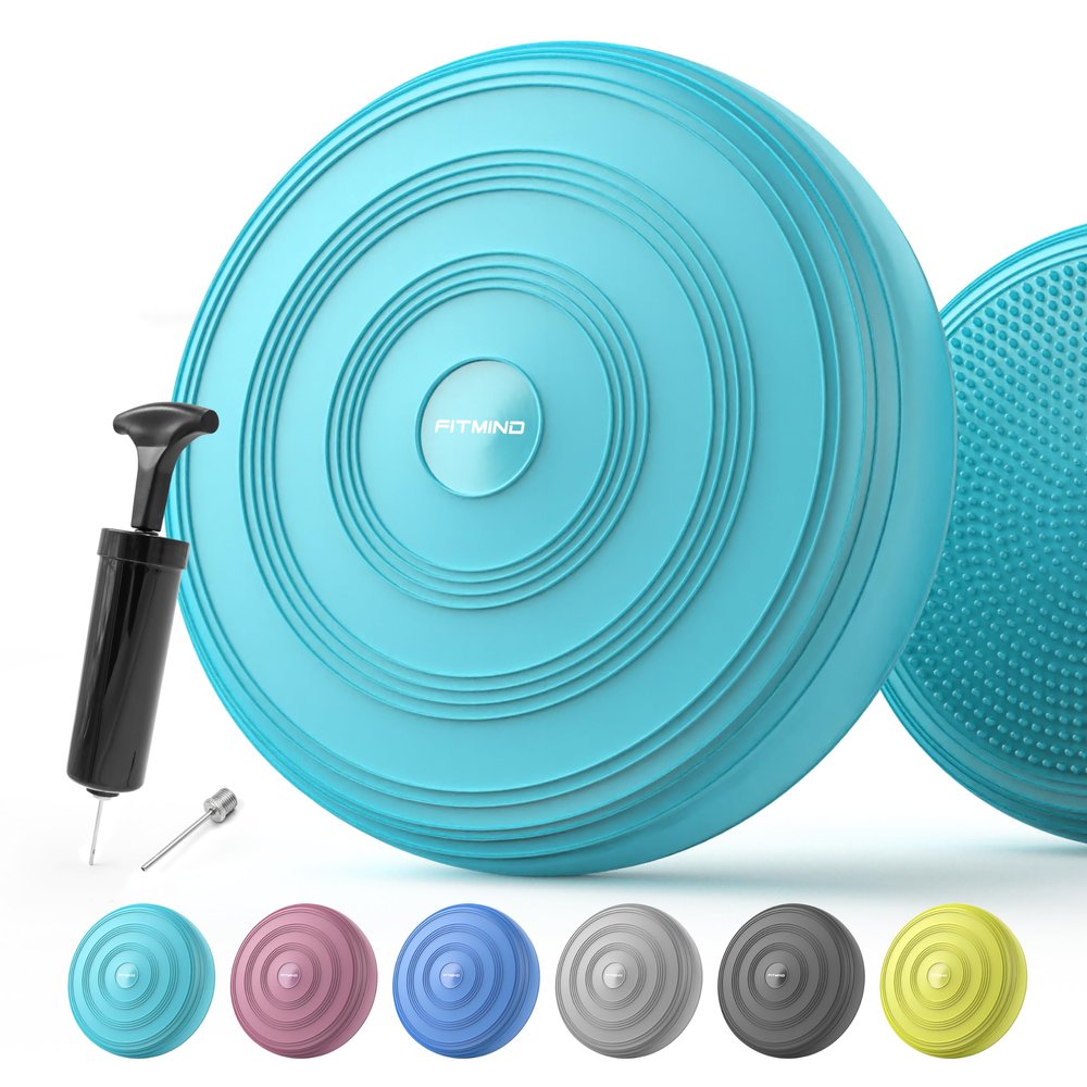 FITMIND Inflated Wobble Cushion,Circular Non-slip Texture for Comfortable Sitting, Extra Thick Dyna Disc with Pump for Core Strength,Wiggle Seat to Improve Posture, Fitness,660lb Load Capacity-Cyan