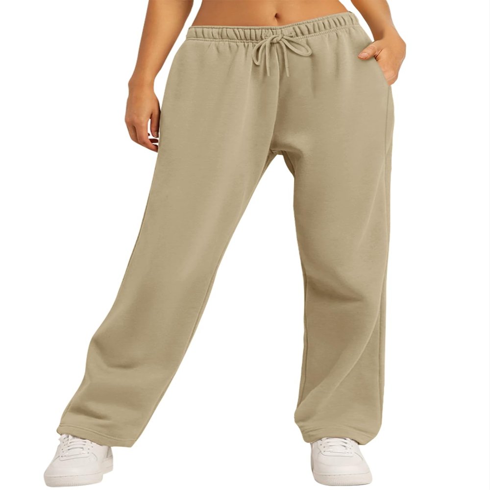 AUTOMET Women's Wide Leg Sweatpants Fleece Lined Baggy Straight Leg Lounge Pants Fall Outfits Athletic Joggers with Pockets Beige S