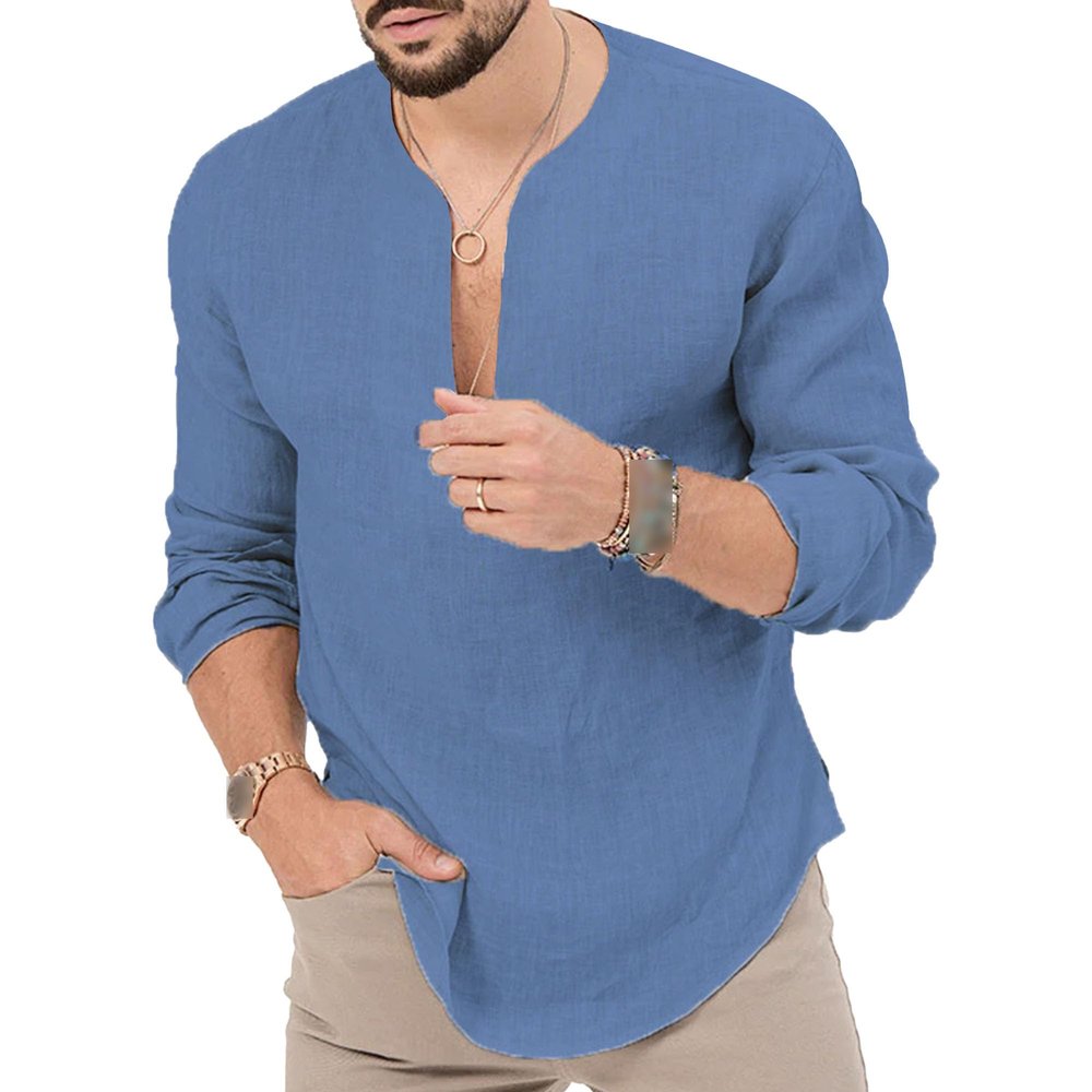 Maiyifu-GJ Men's Linen Cotton Henley Long Sleeve Shirts Casual V Neck Solid Color Sweatshirt Breathable Workout Blouses (Blue,XX-Large)
