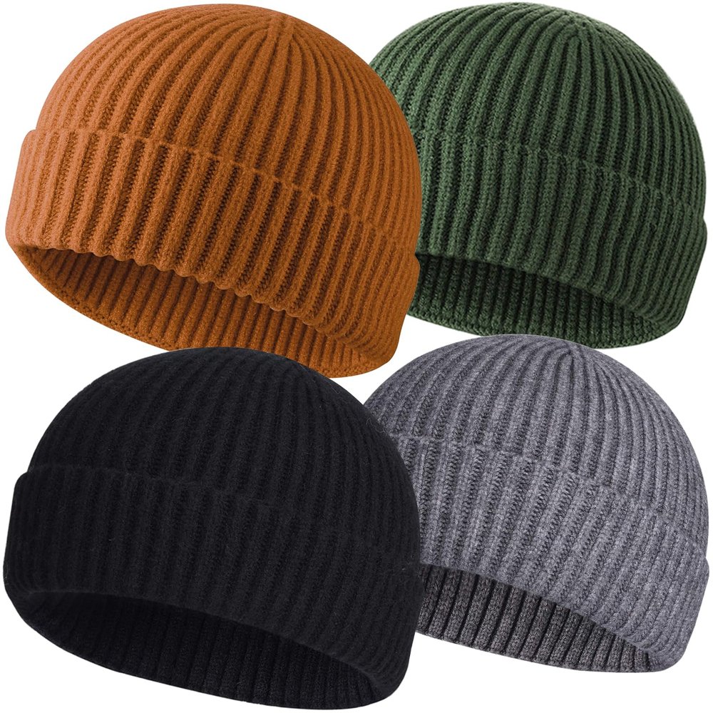 4pcs Wool Fisherman Beanies for Men, Knit Short Watch Cap Winter Warm Hats