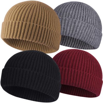 4pcs Wool Fisherman Beanies for Men, Knit Short Watch Cap Winter Warm Hats
