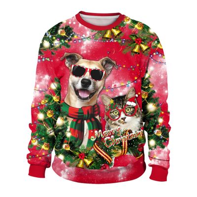 Colorful House Unisex's Ugly Christmas Jumper Sweater Printed Pullover, 3D Digital Print Sweatshirt(Large,Cat and Dog Red)
