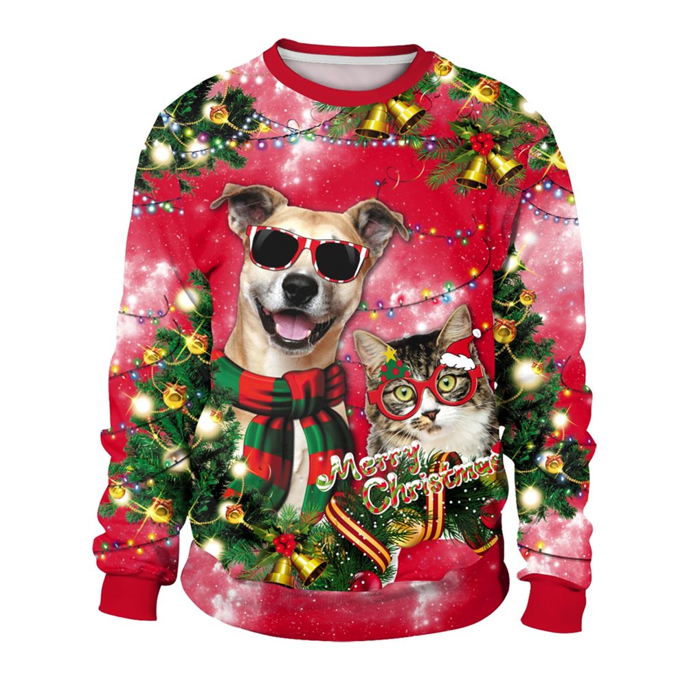 Colorful House Unisex's Ugly Christmas Jumper Sweater Printed Pullover, 3D Digital Print Sweatshirt(X-Large,Cat and Dog Red)