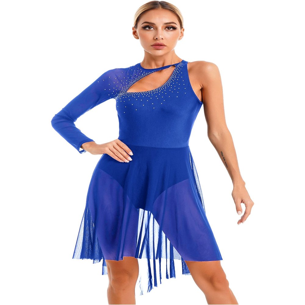 easyforever Womens Single Long Sleeve Lyrical Dance Dress Glitter Rhinestone Leotard Figure Skating Costume Royal Blue Large