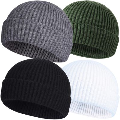 4pcs Wool Fisherman Beanies for Men, Knit Short Watch Cap Winter Warm Hats