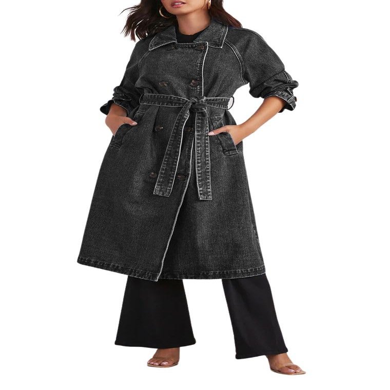 ELFTOWN Women's Double Breasted Lapel Belted Maxi Long Denim Jacket Distressed Long Sleeve Jean Trench Coat with Pockets (Large, Black)