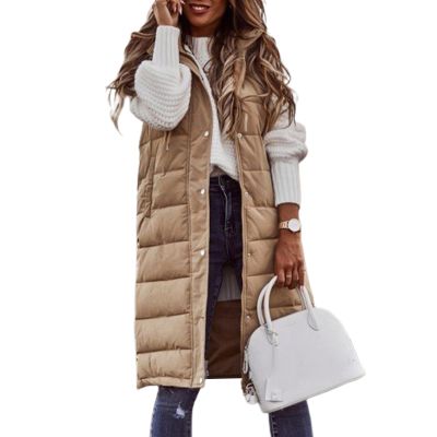leasote Women Vest Coat Women's Mid-length Padded with Hood Drawstring Sleeveless Single-breasted Winter Jacket Zipper Hem Khaki XL