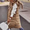 leasote Women Vest Coat Women's Mid-length Padded with Hood Drawstring Sleeveless Single-breasted Winter Jacket Zipper Hem Khaki XL view 3