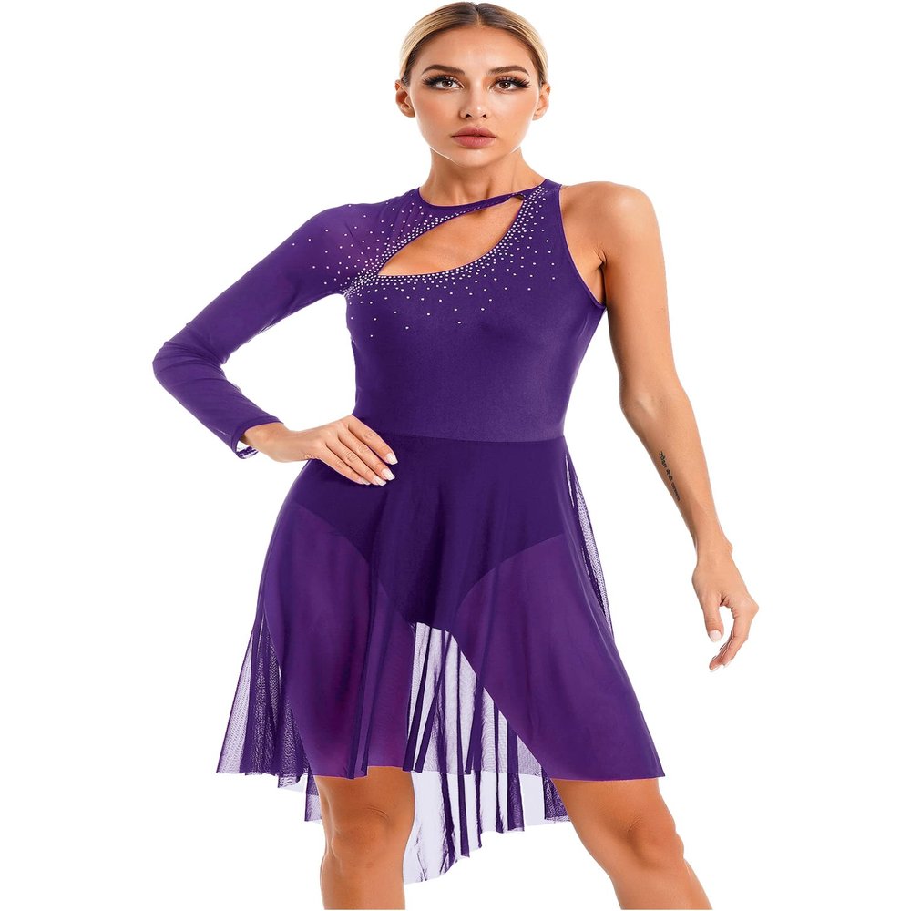 easyforever Womens Single Long Sleeve Lyrical Dance Dress Glitter Rhinestone Leotard Figure Skating Costume Purple Small