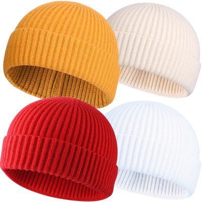 4pcs Wool Fisherman Beanies for Men, Knit Short Watch Cap Winter Warm Hats