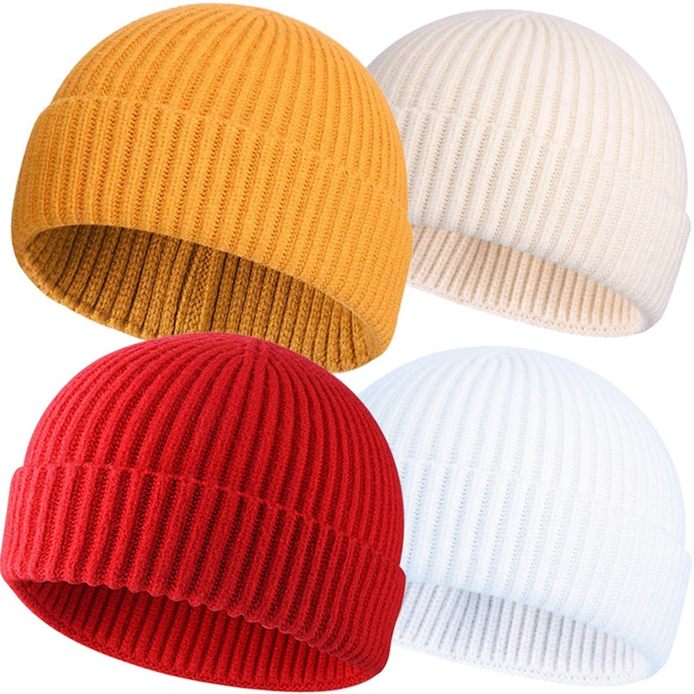 4pcs Wool Fisherman Beanies for Men, Knit Short Watch Cap Winter Warm Hats