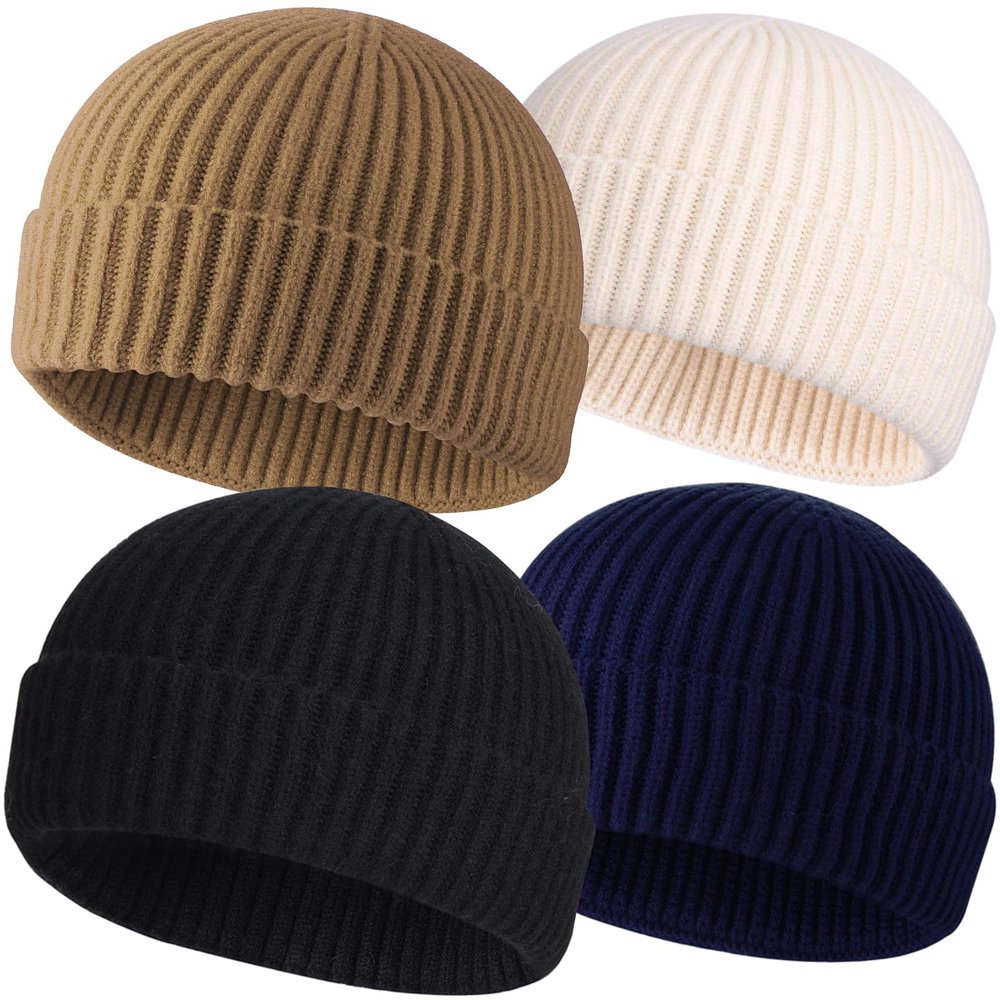 4pcs Wool Fisherman Beanies for Men, Knit Short Watch Cap Winter Warm Hats