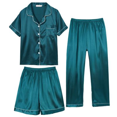Hupohoi Unisex Girls Boys Kids Pajama Sets Button Down Satin Sleepwear Nighty 3PCS Silky Lounge Sets Nightwear Short Sleeve Long Pants, 3pcs-DarkGreen, 16