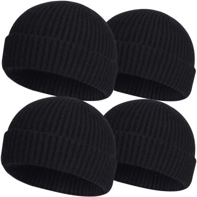 4pcs Wool Fisherman Beanies for Men, Knit Short Watch Cap Winter Warm Hats