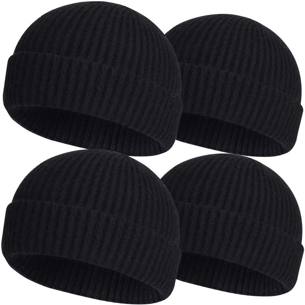 4pcs Wool Fisherman Beanies for Men, Knit Short Watch Cap Winter Warm Hats