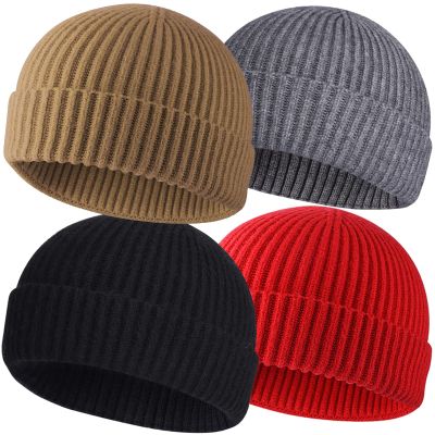 4pcs Wool Fisherman Beanies for Men, Knit Short Watch Cap Winter Warm Hats